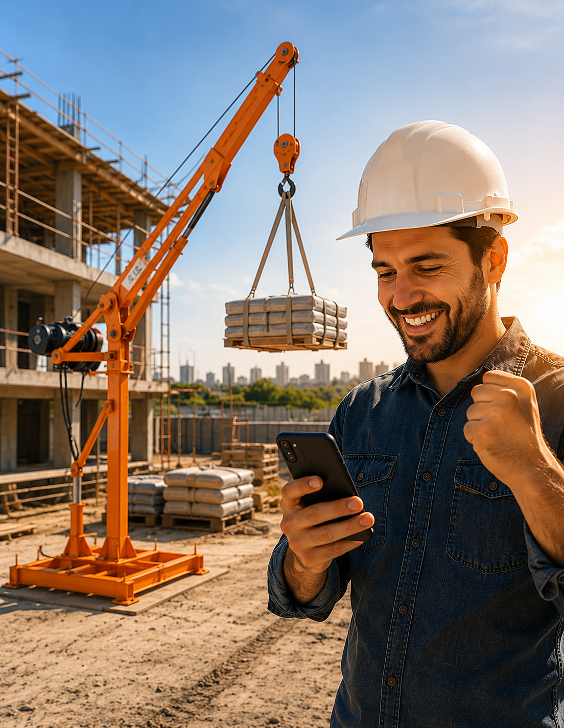 Empreiteiro satisfeito com a Mini Grua Elétrica em obra