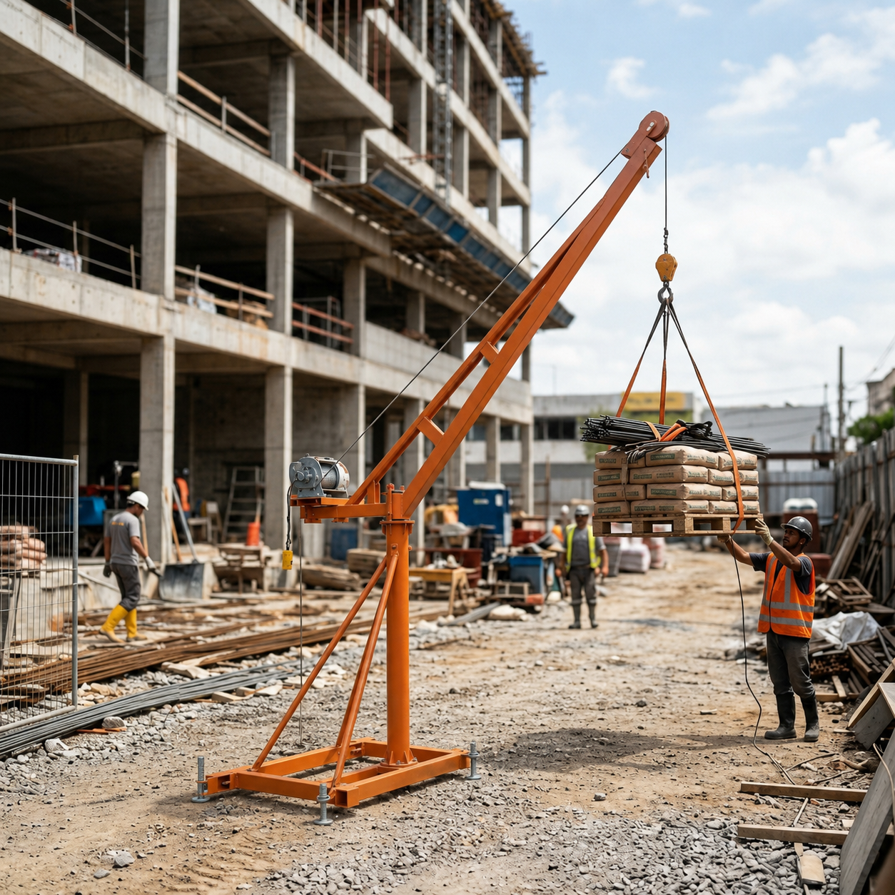 Mini Grua Elétrica 1000kg em operação na obra
