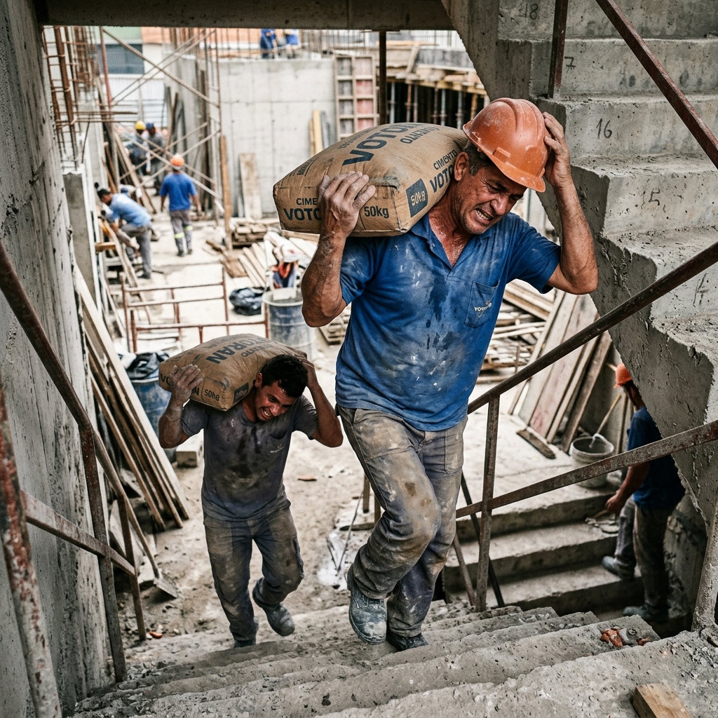 Trabalhadores cansados carregando material